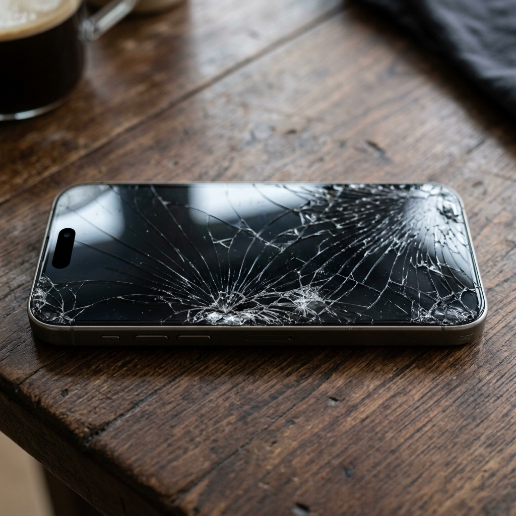 iPhone 15 Pro sobre mesa com a tela de vidro severamente trincada e estilhaçada
