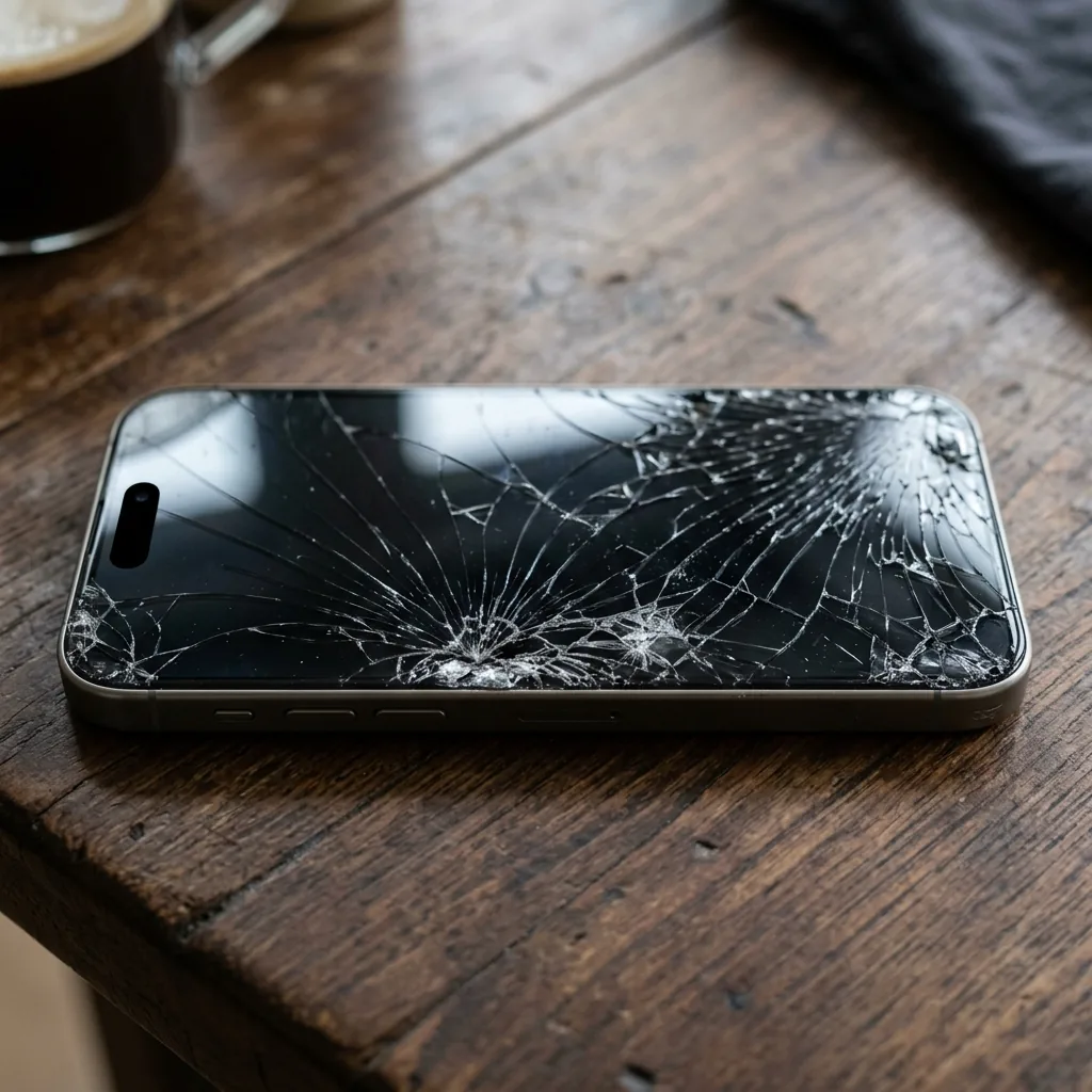 iPhone 15 Pro sobre mesa com a tela de vidro severamente trincada e estilhaçada